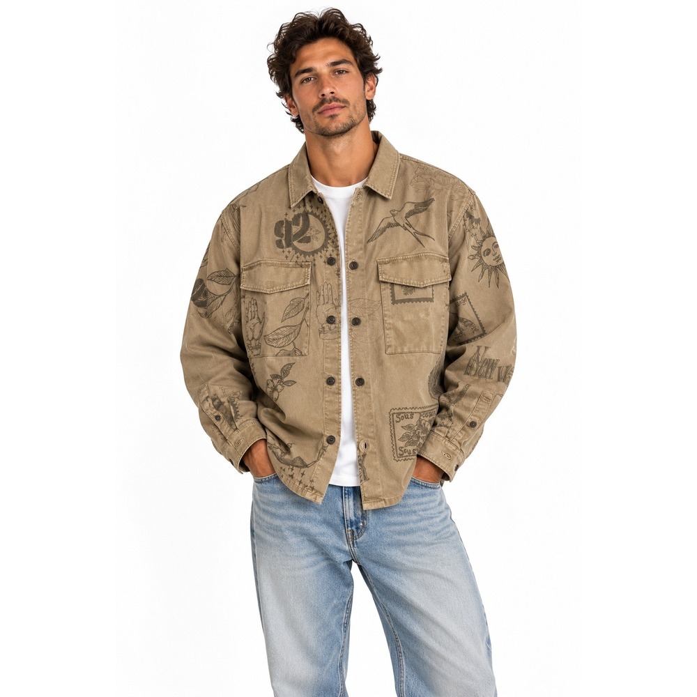 Abercrombie & Fitch Twill Shirt Jacket Large Shacket Printed Embroidered